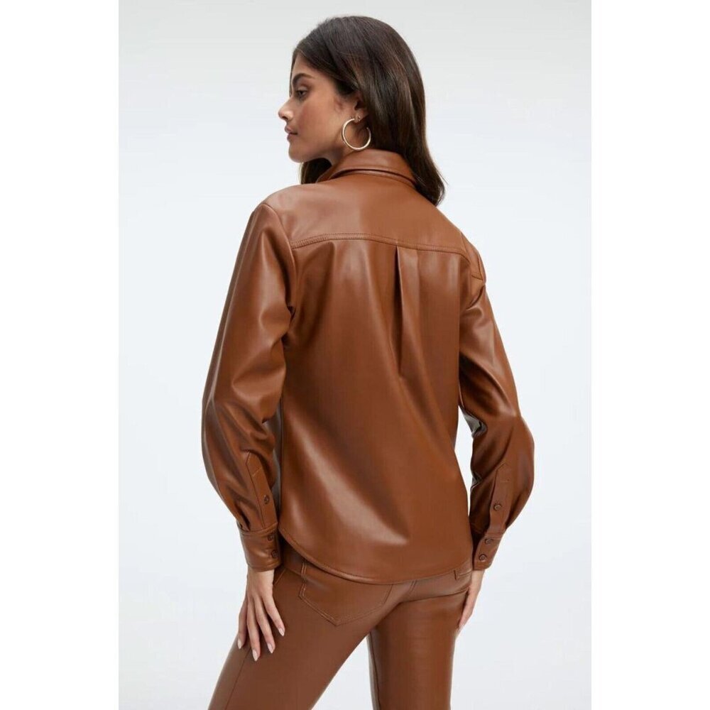 Good American Better Than Leather Shirt Women's Faux Leather Size 2 Burn Caramel - Picture 13 of 13